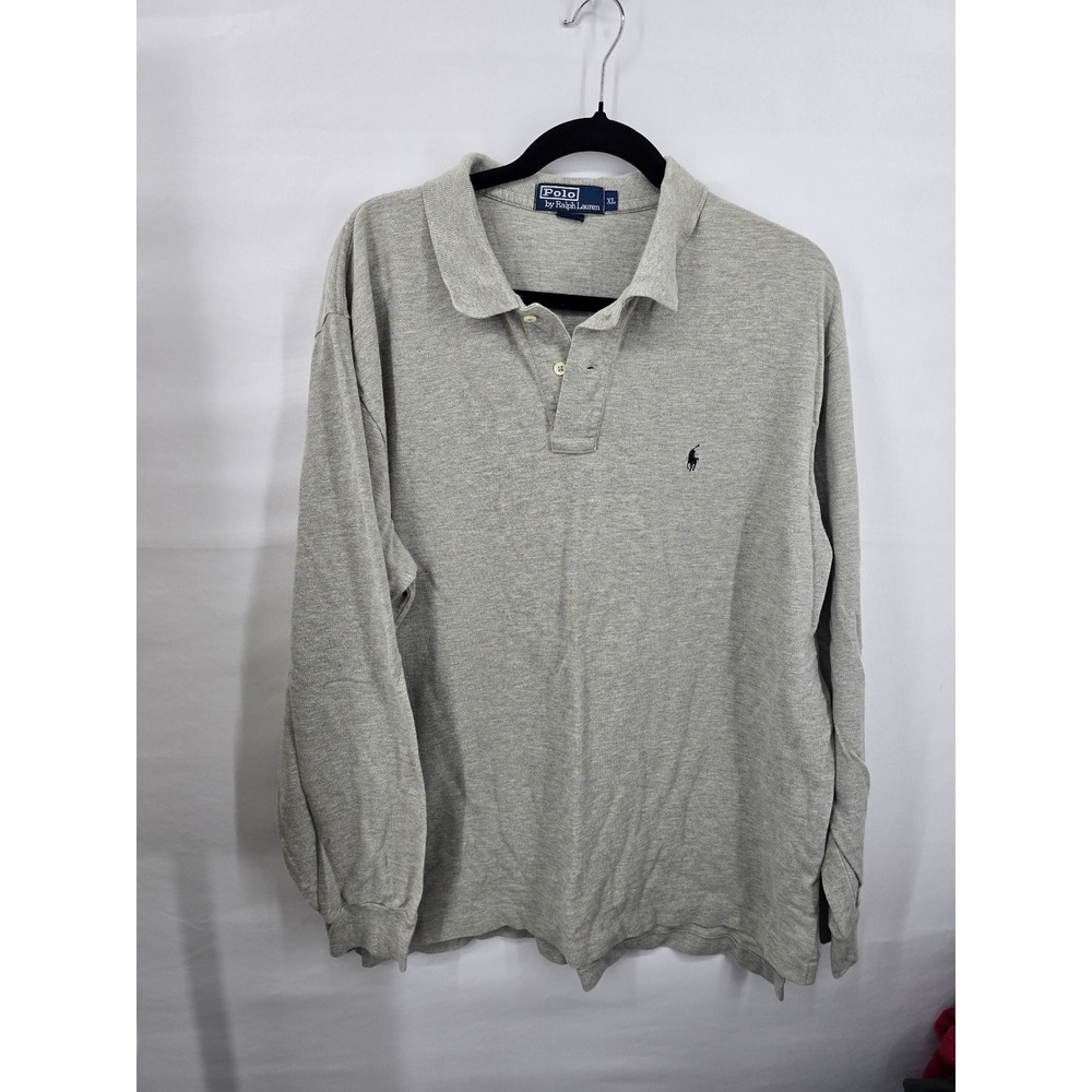 Polo Ralph Lauren Mens XL Gray Long Sleeve Pique Cotton Polo Shirt Navy Pony